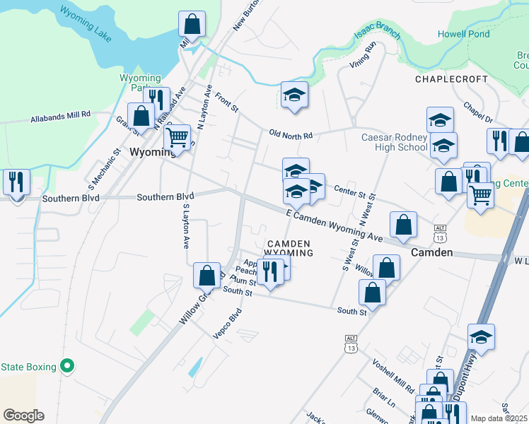 map of restaurants, bars, coffee shops, grocery stores, and more near 12 East Camden Wyoming Avenue in Camden