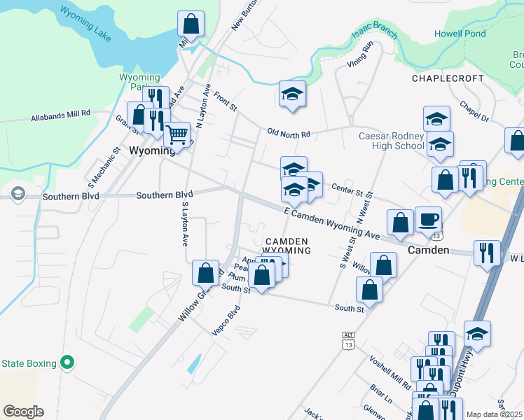 map of restaurants, bars, coffee shops, grocery stores, and more near 12 East Camden Wyoming Avenue in Camden