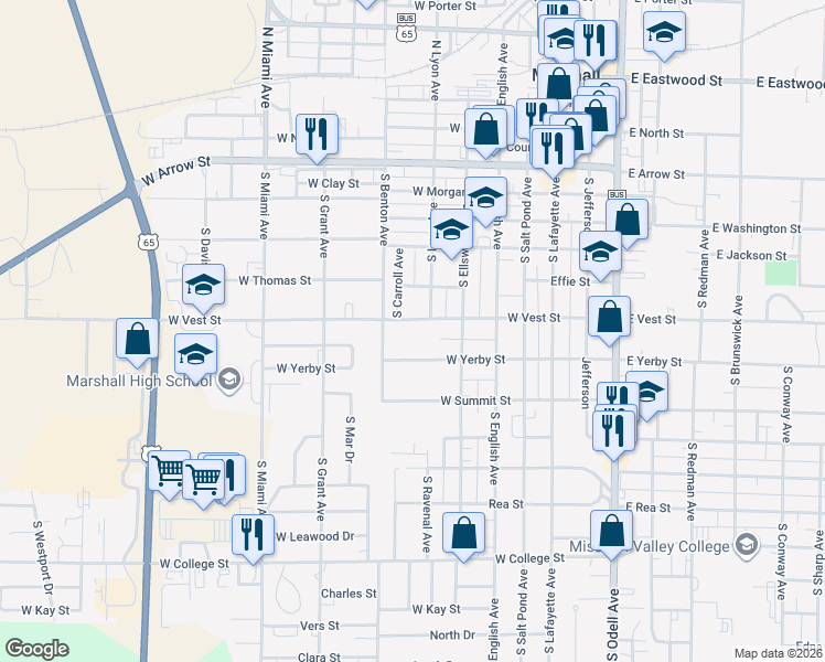 map of restaurants, bars, coffee shops, grocery stores, and more near 500-588 W Vest St in Marshall