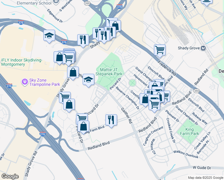 map of restaurants, bars, coffee shops, grocery stores, and more near 1711 Piccard Drive in Rockville