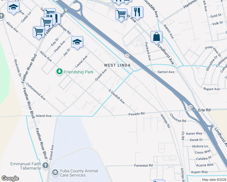 map of restaurants, bars, coffee shops, grocery stores, and more near 5575 South Gledhill Avenue in Olivehurst