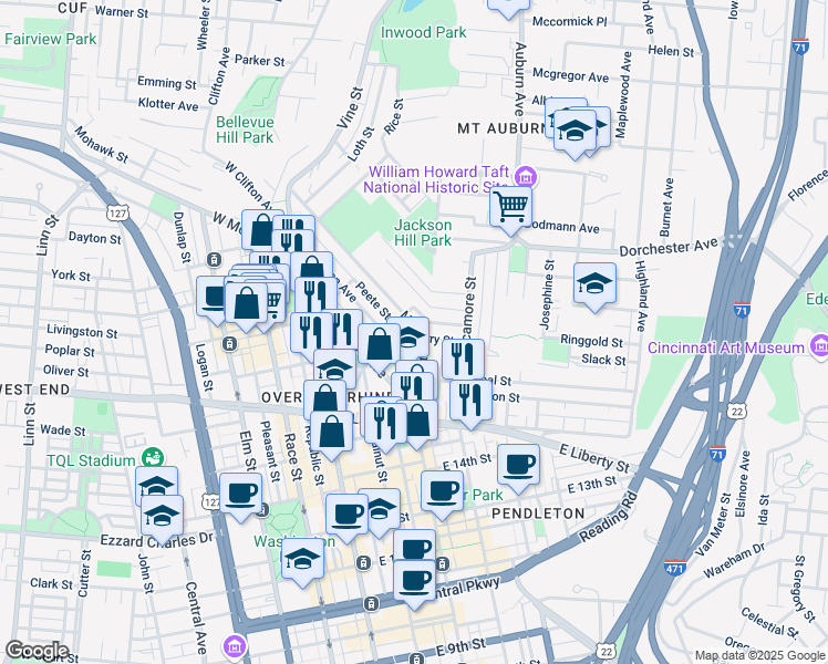 map of restaurants, bars, coffee shops, grocery stores, and more near 206 Peete Street in Cincinnati