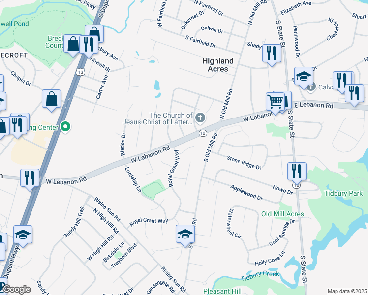 map of restaurants, bars, coffee shops, grocery stores, and more near 21 Victoria Circle in Dover