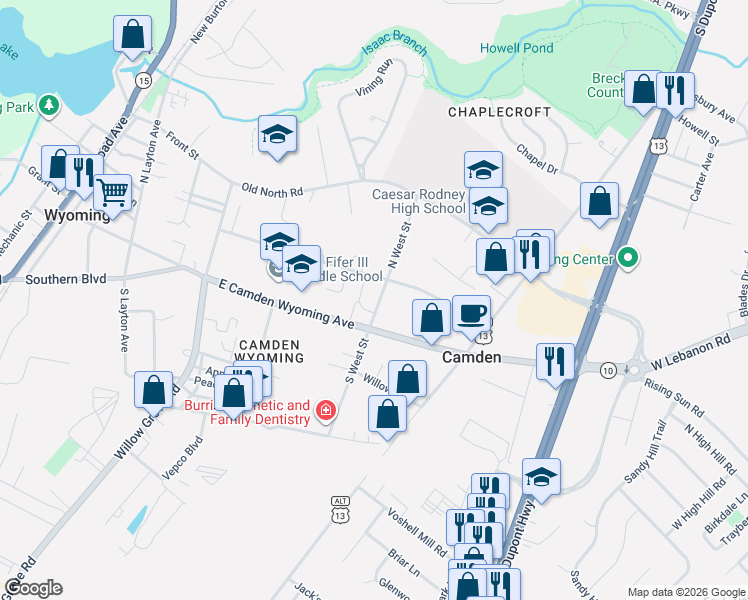 map of restaurants, bars, coffee shops, grocery stores, and more near 201 East Camden Wyoming Avenue in Camden