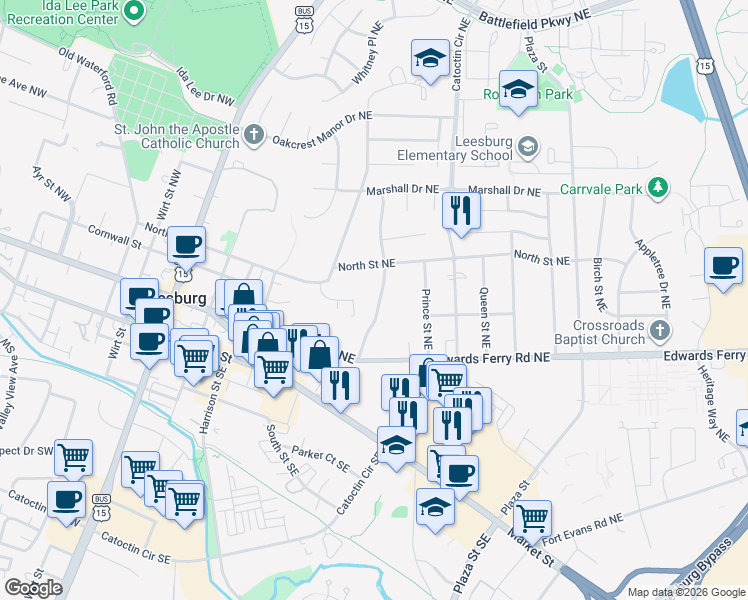 map of restaurants, bars, coffee shops, grocery stores, and more near 131 Woodberry Road Northeast in Leesburg