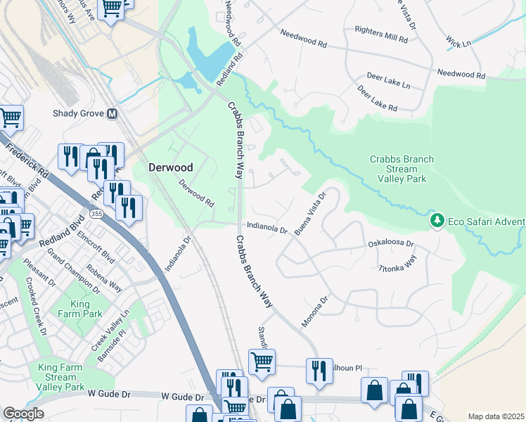 map of restaurants, bars, coffee shops, grocery stores, and more near 7613 Anamosa Way in Rockville