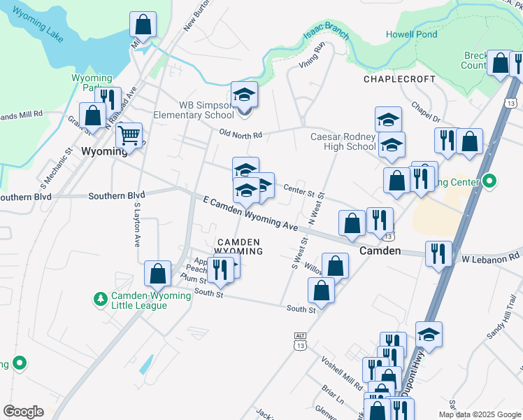 map of restaurants, bars, coffee shops, grocery stores, and more near 109 East Camden Wyoming Avenue in Camden