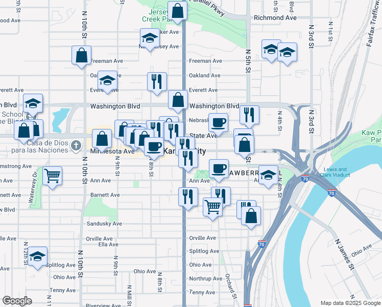 map of restaurants, bars, coffee shops, grocery stores, and more near 641 Minnesota Avenue in Kansas City