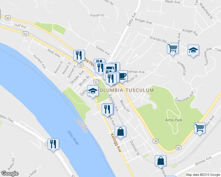 map of restaurants, bars, coffee shops, grocery stores, and more near 308 Broughton Street in Cincinnati
