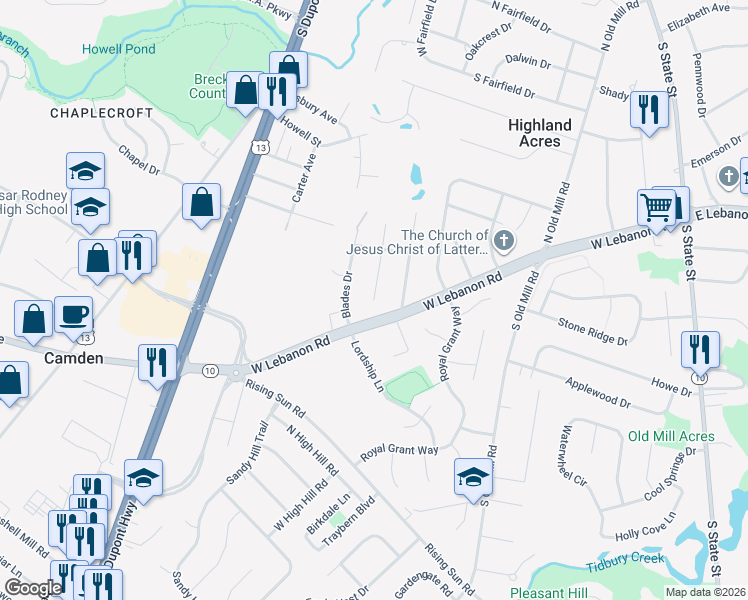 map of restaurants, bars, coffee shops, grocery stores, and more near 116 South Springview Drive in Dover