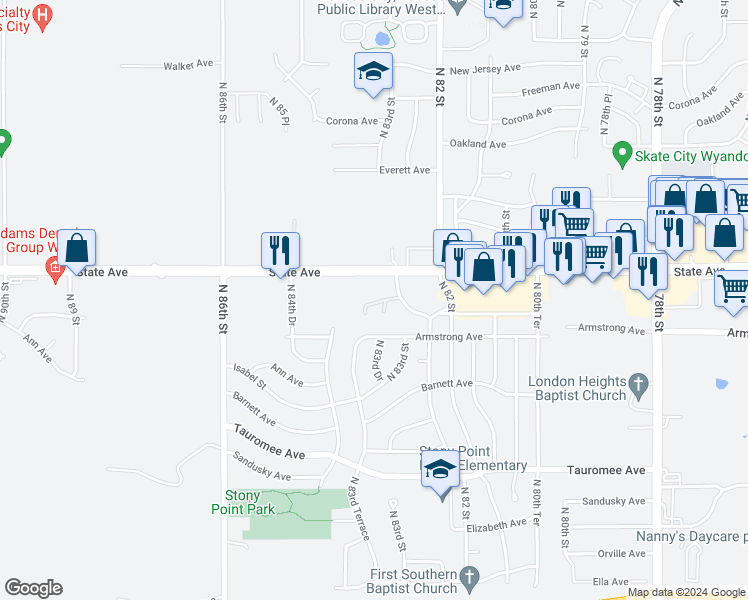 map of restaurants, bars, coffee shops, grocery stores, and more near 8254 Monroe Drive in Kansas City