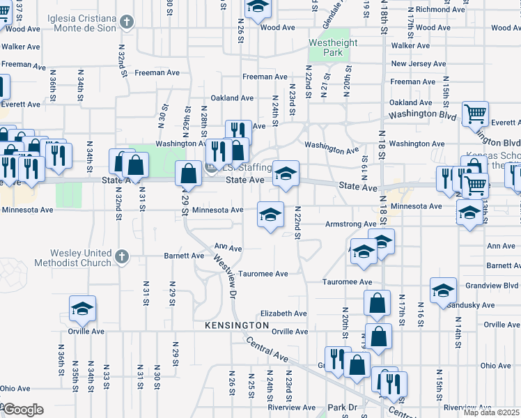 map of restaurants, bars, coffee shops, grocery stores, and more near 2501 Minnesota Avenue in Kansas City