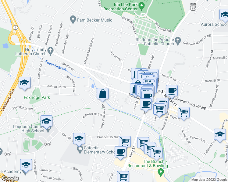 map of restaurants, bars, coffee shops, grocery stores, and more near 241 Loudoun Street Southwest in Leesburg