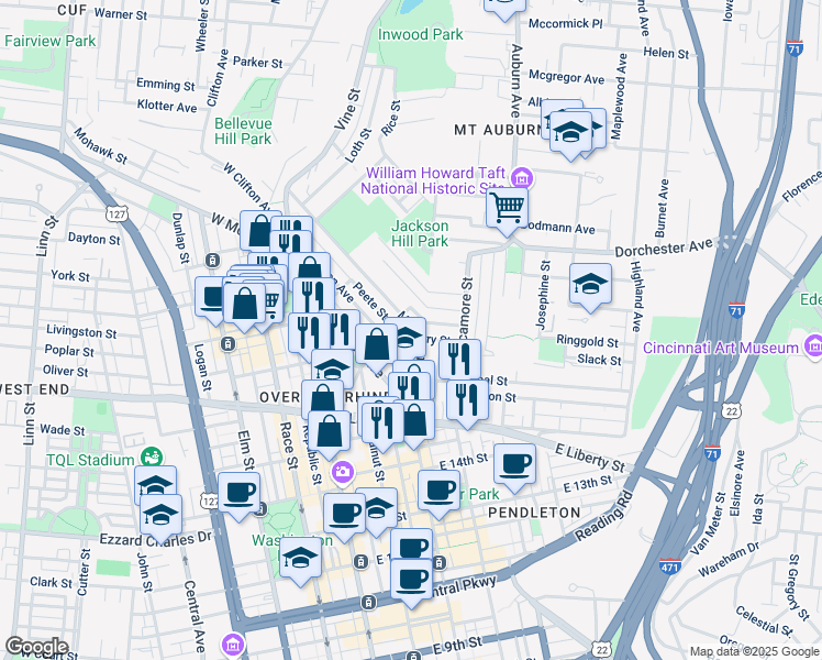 map of restaurants, bars, coffee shops, grocery stores, and more near 206 Peete Street in Cincinnati