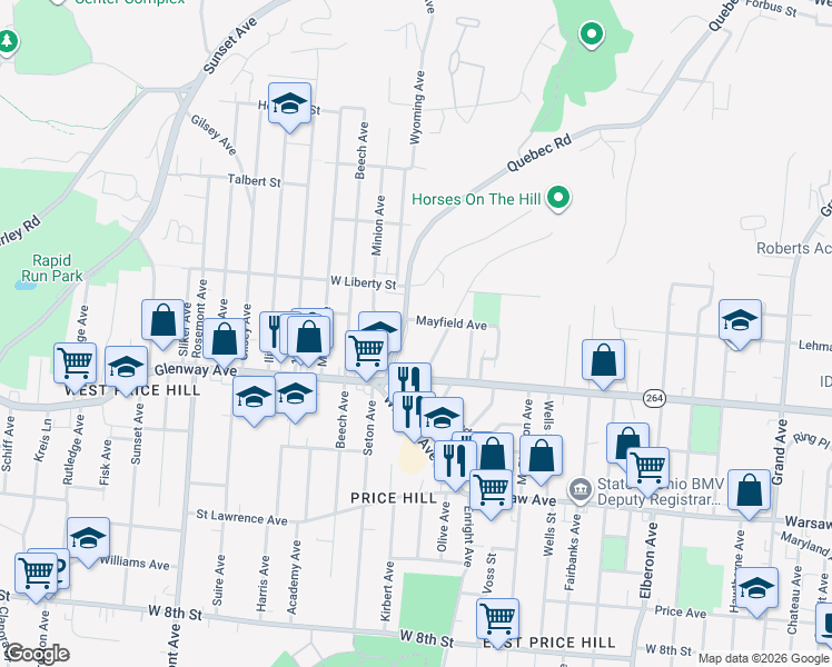 map of restaurants, bars, coffee shops, grocery stores, and more near 1242 Quebec Road in Cincinnati