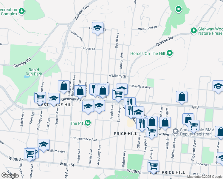 map of restaurants, bars, coffee shops, grocery stores, and more near 1241 Beech Avenue in Cincinnati