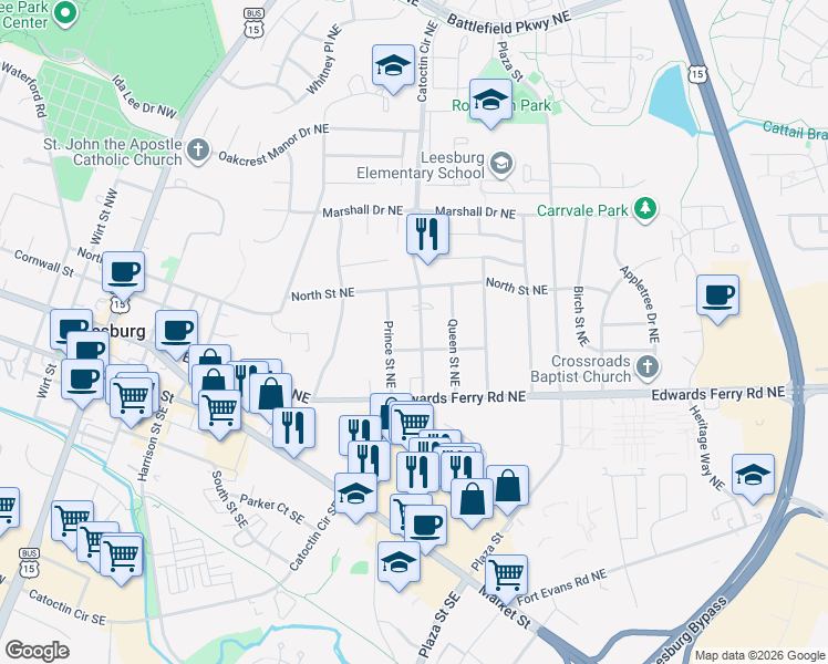 map of restaurants, bars, coffee shops, grocery stores, and more near 207 Catoctin Circle Northeast in Leesburg