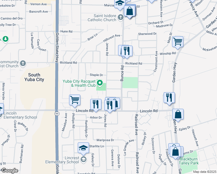 map of restaurants, bars, coffee shops, grocery stores, and more near 814 Jones Road in Yuba City