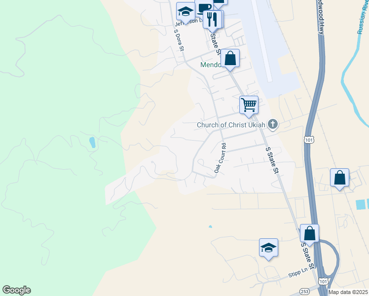 map of restaurants, bars, coffee shops, grocery stores, and more near 295 Toyon Road in Ukiah