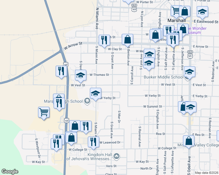 map of restaurants, bars, coffee shops, grocery stores, and more near 778 West Vest Street in Marshall