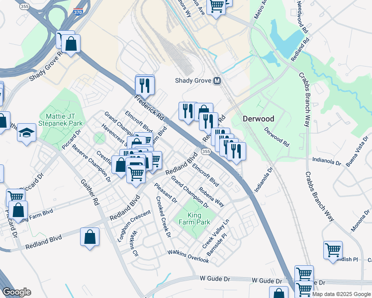 map of restaurants, bars, coffee shops, grocery stores, and more near 729 Elmcroft Boulevard in Rockville