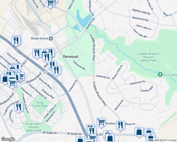 map of restaurants, bars, coffee shops, grocery stores, and more near 7757 Hiawatha Lane in Derwood