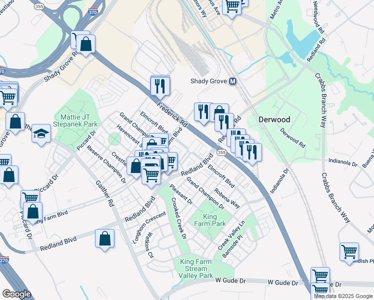 map of restaurants, bars, coffee shops, grocery stores, and more near 800 Elmcroft Boulevard in Rockville