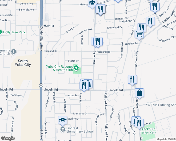 map of restaurants, bars, coffee shops, grocery stores, and more near 965 Jessie Avenue in Yuba City
