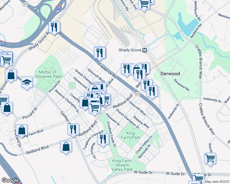 map of restaurants, bars, coffee shops, grocery stores, and more near 804 Elmcroft Boulevard in Rockville
