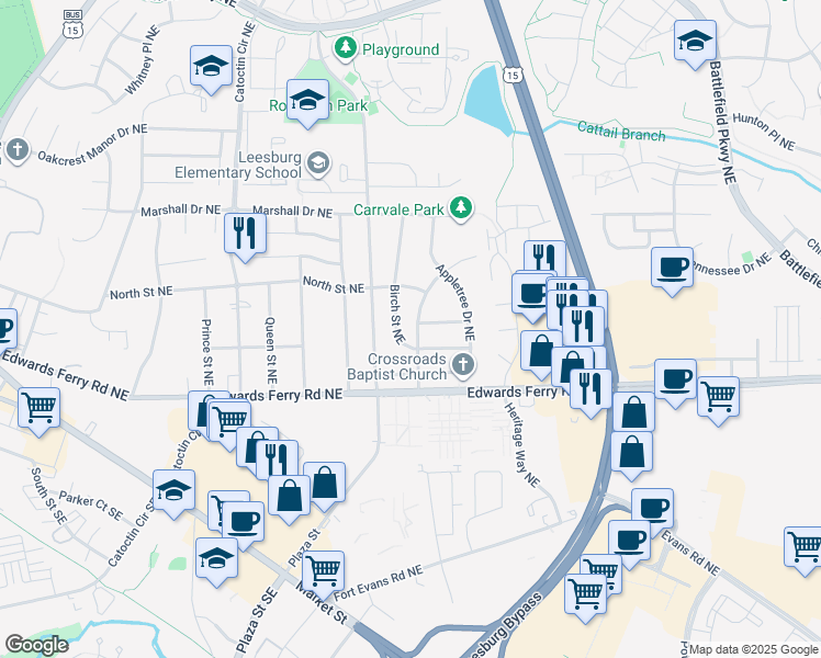map of restaurants, bars, coffee shops, grocery stores, and more near 303 Cherry Lane Northeast in Leesburg