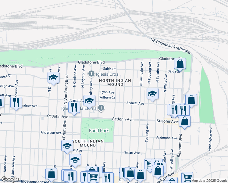map of restaurants, bars, coffee shops, grocery stores, and more near 332 North Hardesty Avenue in Kansas City