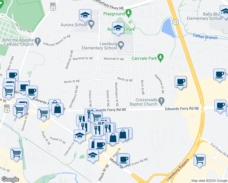 map of restaurants, bars, coffee shops, grocery stores, and more near 207 Washington Street Northeast in Leesburg