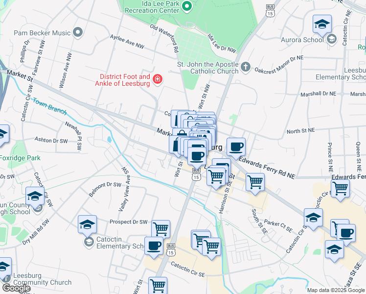 map of restaurants, bars, coffee shops, grocery stores, and more near 5 Wirt Street Southwest in Leesburg