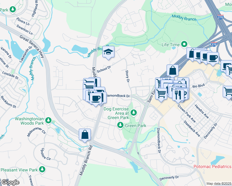 map of restaurants, bars, coffee shops, grocery stores, and more near 132 Gold Kettle Drive in Gaithersburg