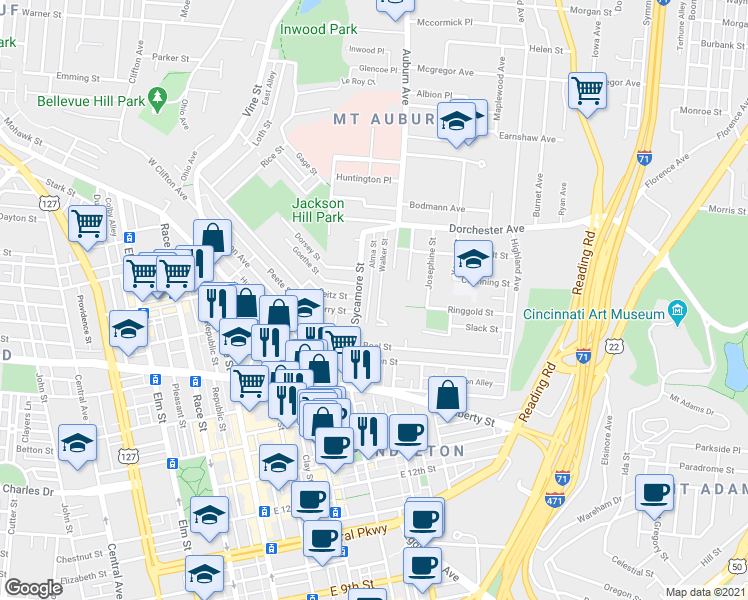 map of restaurants, bars, coffee shops, grocery stores, and more near 1825 Walker Street in Cincinnati
