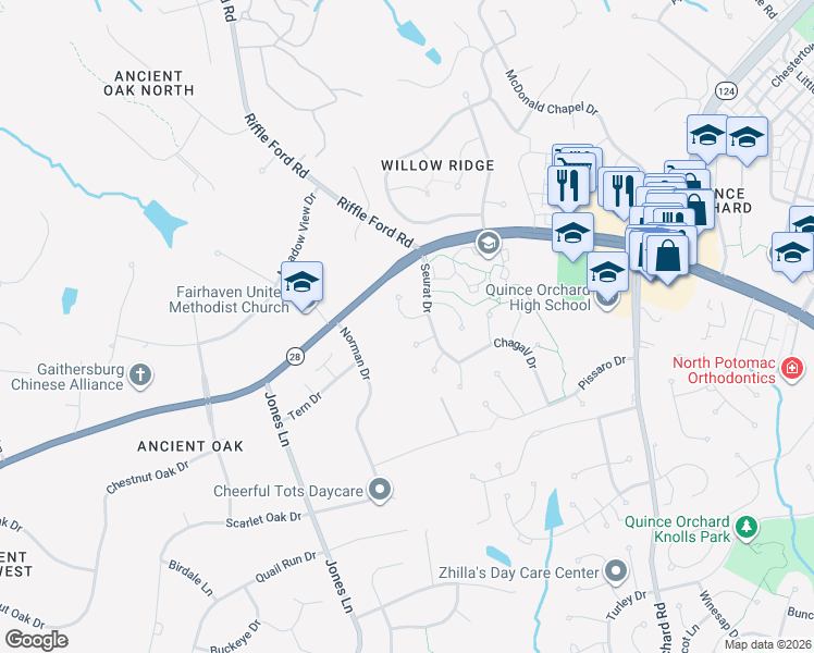 map of restaurants, bars, coffee shops, grocery stores, and more near 12504 Seurat Lane in North Potomac