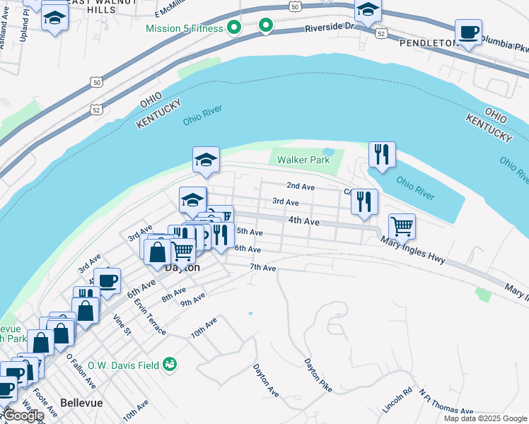 map of restaurants, bars, coffee shops, grocery stores, and more near 311 Main Street in Dayton