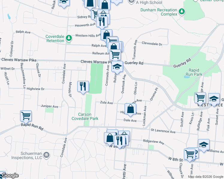 map of restaurants, bars, coffee shops, grocery stores, and more near 1141 Rulison Avenue in Cincinnati