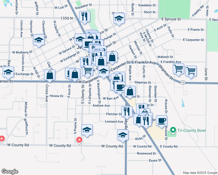 map of restaurants, bars, coffee shops, grocery stores, and more near 508 S State St in Jerseyville