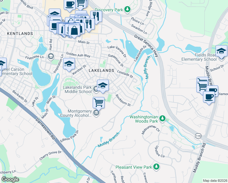 map of restaurants, bars, coffee shops, grocery stores, and more near 601 Bright Meadow Drive in Gaithersburg