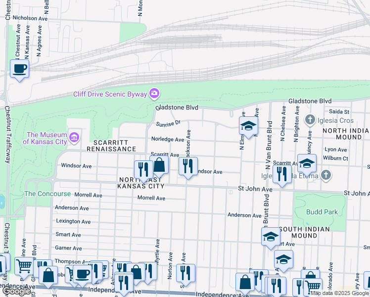 map of restaurants, bars, coffee shops, grocery stores, and more near 310 North Jackson Avenue in Kansas City