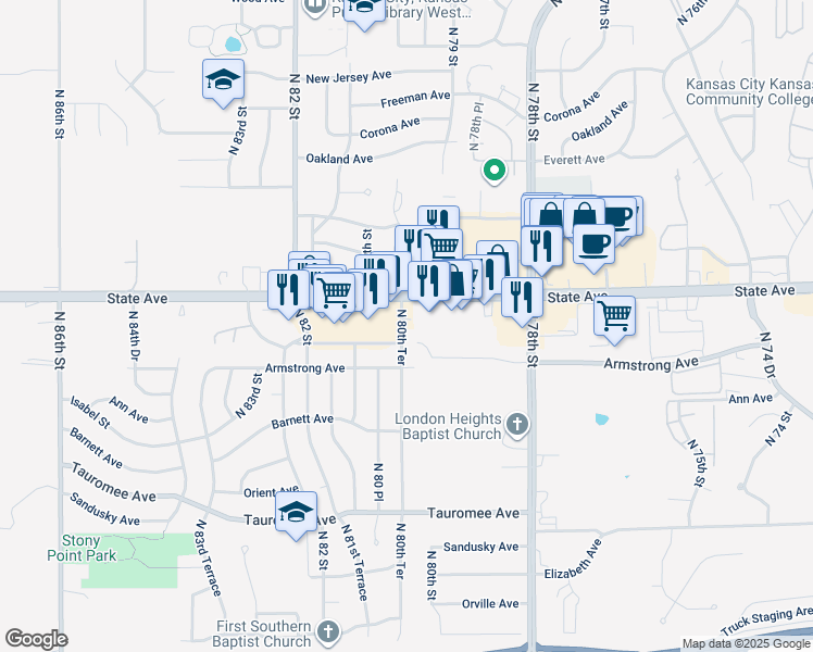 map of restaurants, bars, coffee shops, grocery stores, and more near 1011 North 80th Terrace in Kansas City