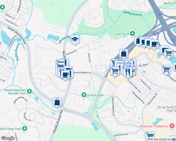 map of restaurants, bars, coffee shops, grocery stores, and more near 100 Gold Kettle Drive in Gaithersburg
