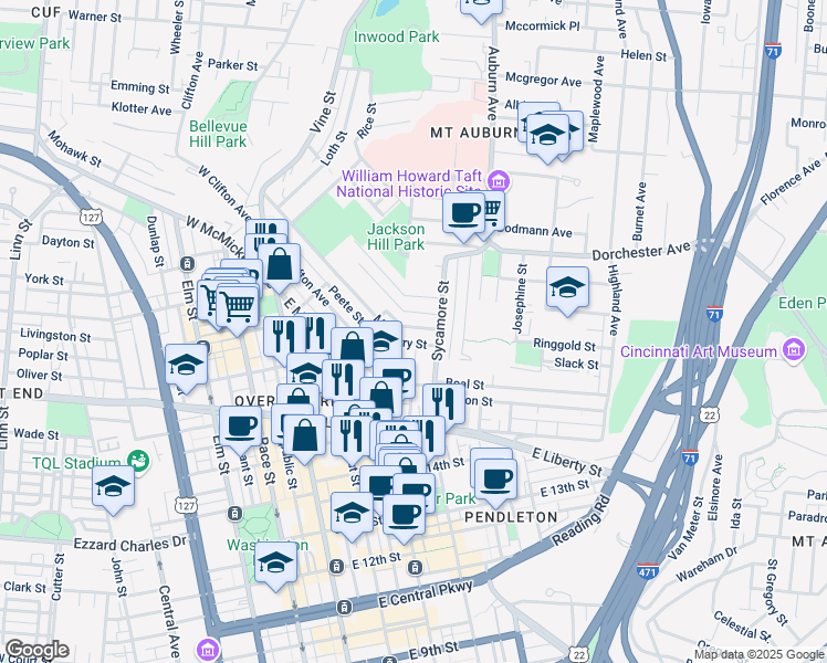 map of restaurants, bars, coffee shops, grocery stores, and more near 307 Seitz Street in Cincinnati