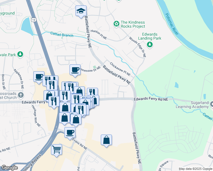 map of restaurants, bars, coffee shops, grocery stores, and more near 1625 Field Sparrow Terrace Northeast in Leesburg