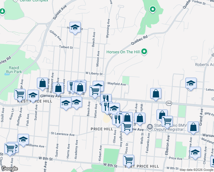 map of restaurants, bars, coffee shops, grocery stores, and more near 1242 Quebec Road in Cincinnati