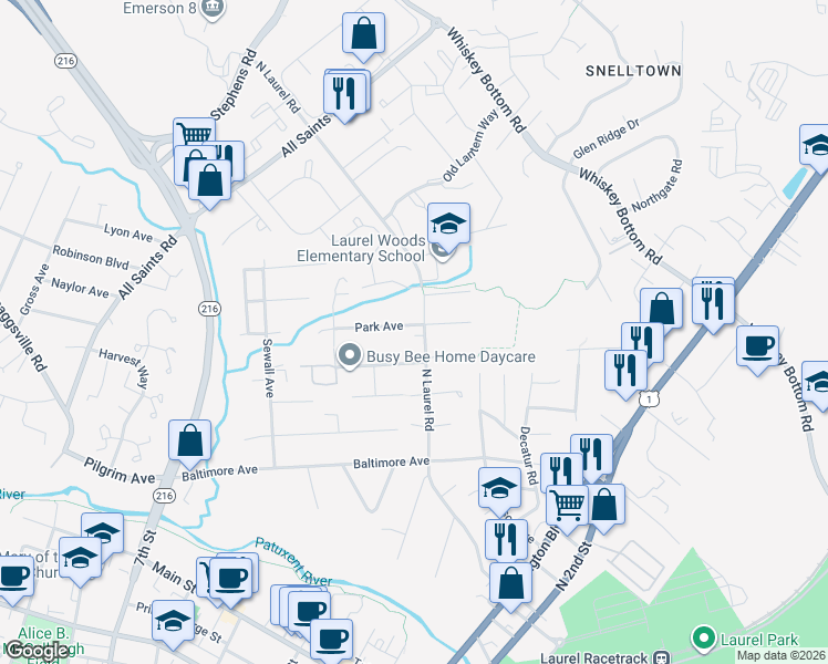 map of restaurants, bars, coffee shops, grocery stores, and more near 9300 North Laurel Road in Laurel