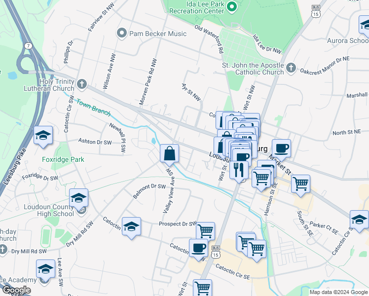map of restaurants, bars, coffee shops, grocery stores, and more near 243 Loudoun Street Southwest in Leesburg