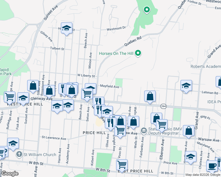 map of restaurants, bars, coffee shops, grocery stores, and more near 1246 Ross Avenue in Cincinnati