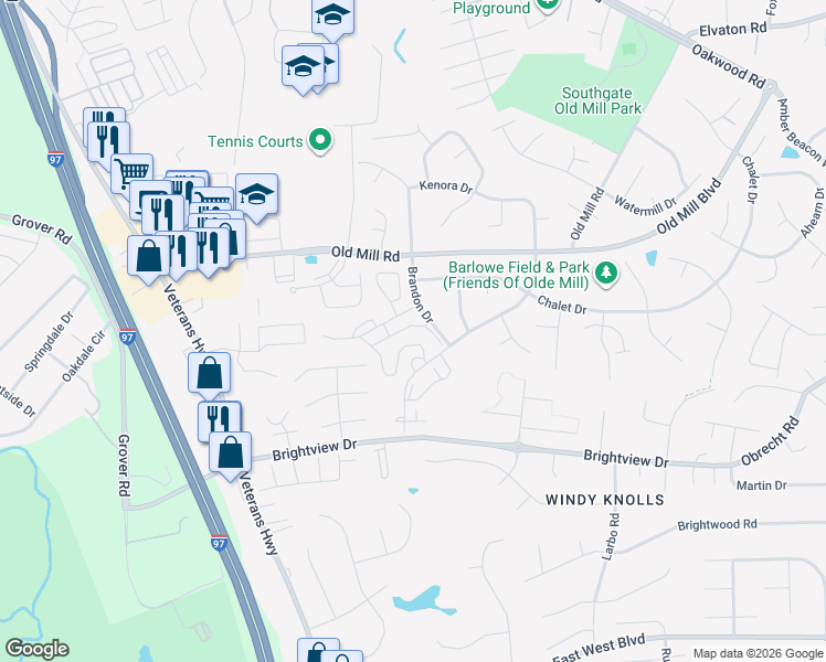 map of restaurants, bars, coffee shops, grocery stores, and more near 559 Belmawr Place in Millersville